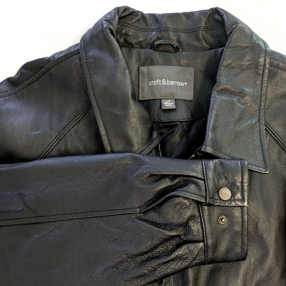 Croft & Barrow Mens Black Leather Bomber Jacket Large Tall LT Full Zip Quilted